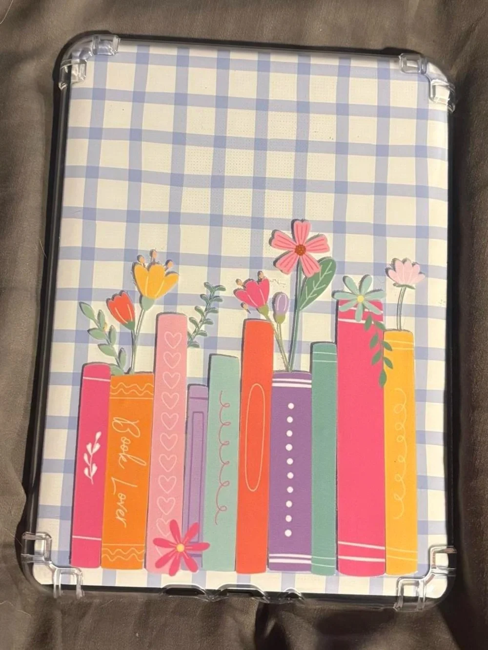Clear Book-Themed Tablet Case with Colorful Floral Books